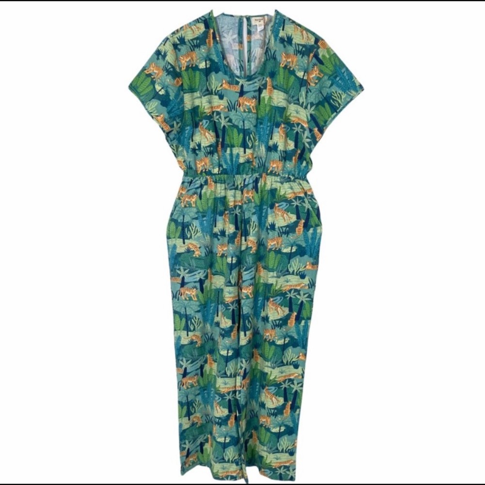 Cost Plus | Green Tropical Tiger 80s Style Jumpsuit With Pockets Size S/M